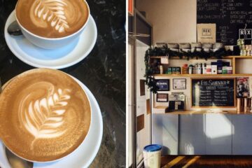 latte art on coffee, the inside of a coffeeshop