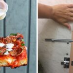 eating pizza with ranch, a bathroom stall gap
