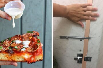 eating pizza with ranch, a bathroom stall gap