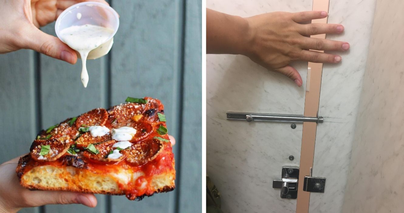 Os americanos são muito estranhos, e é por isso que o resto do mundo pensa assim 1 comendo pizza com ranch, uma brecha no box do banheiro