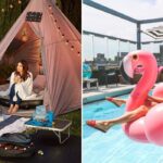 a girl sits in a tent while camping, a girl sits in a flamingo pool float