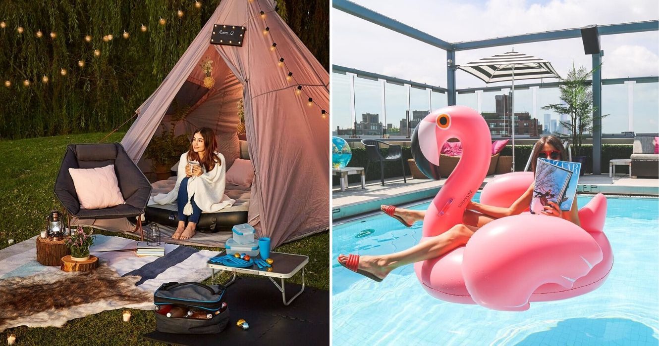 Os cinco tipos de férias de verão (e qual é o certo para você) 1 uma garota se senta em uma barraca enquanto acampa, uma garota se senta em uma bóia de flamingo