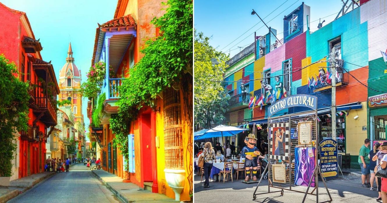 Edifícios coloridos se alinham no beco em Cartagena, Colômbia, na costa do Caribe/Centro Cultural em Buenos Aires, Argentina