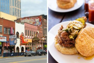 a street in nashville, fried chicken on a biscuit