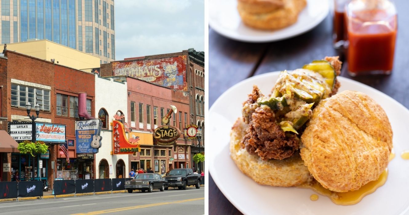 Os estados do sul fazem o melhor, supostamente: os melhores cafés da manhã em Nashville 1 uma rua em nashville, frango frito em um biscoito