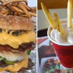 a burger from five guys, fries in a frosty from wendys