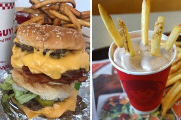 a burger from five guys, fries in a frosty from wendys