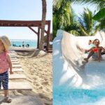 a toddler on the beach at an oceanside resort, kids go down a water slide at a tropical resort