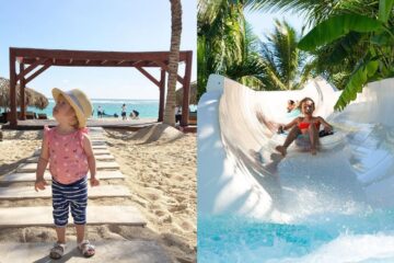 a toddler on the beach at an oceanside resort, kids go down a water slide at a tropical resort