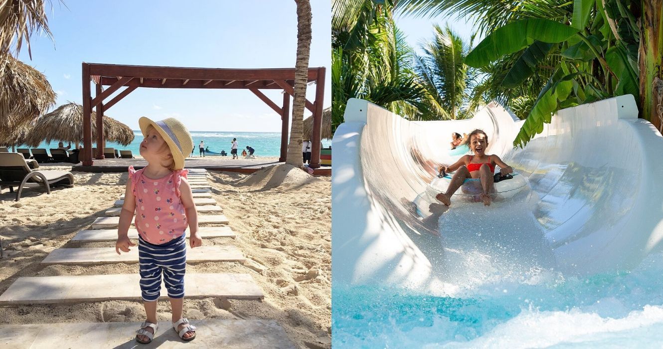 uma criança na praia em um resort à beira-mar, crianças descem um toboágua em um resort tropical