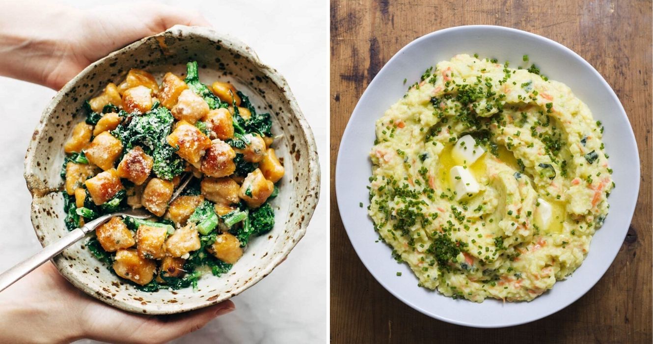 Os pratos de batata mais saborosos de todo o mundo 1 nhoque italiano com legumes, uma tigela de stoemp belga
