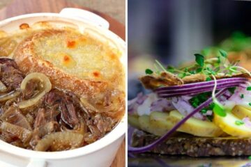 a bowl of homemade french onion soup, a traditional plate of Smørrebrød