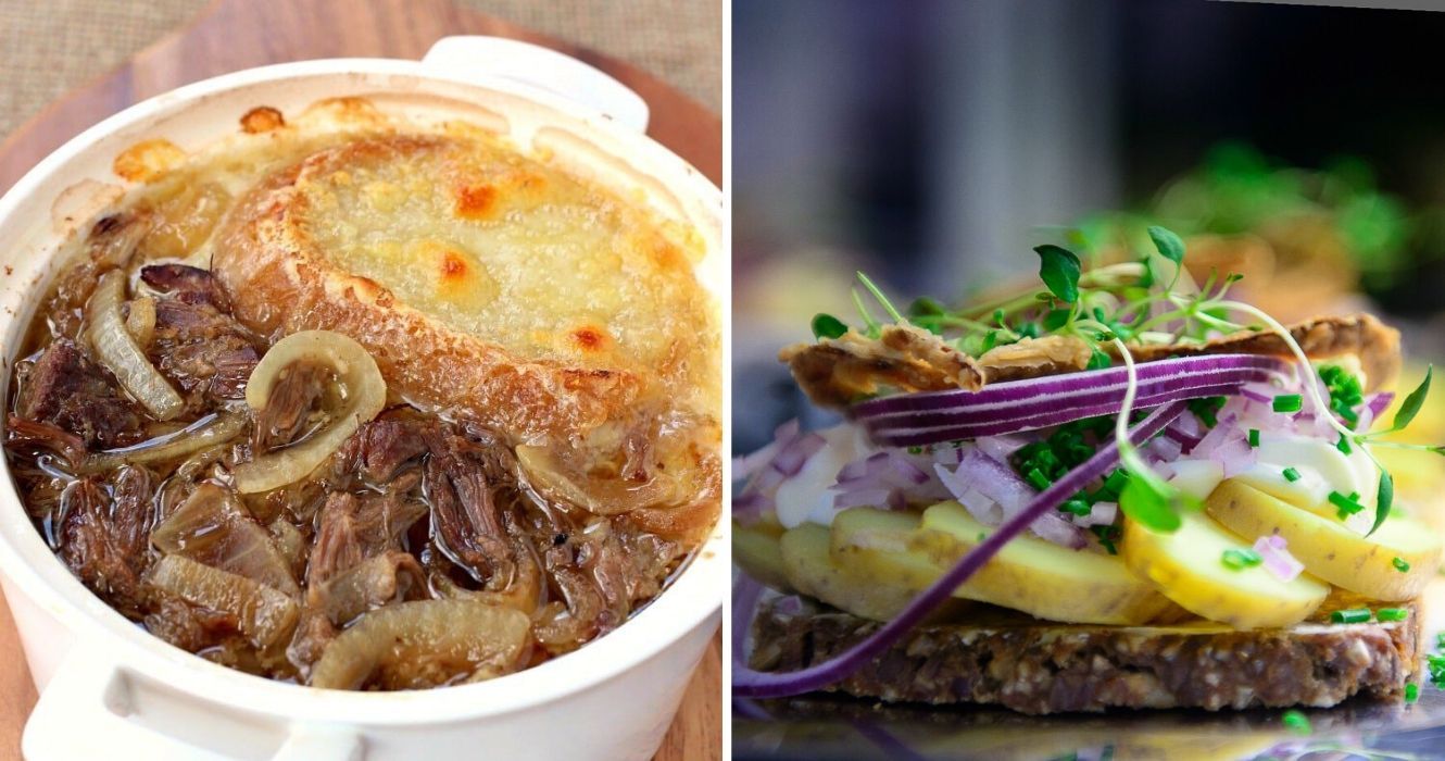 Os pratos internacionais mais fáceis de cozinhar em casa 1 uma tigela de sopa de cebola francesa caseira, um prato tradicional de Smørrebrød