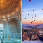 a girl stands in a mosque in iran, a girl watches hot air balloons in turkey
