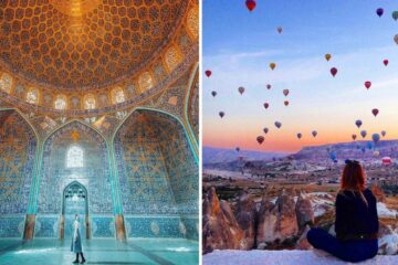 a girl stands in a mosque in iran, a girl watches hot air balloons in turkey