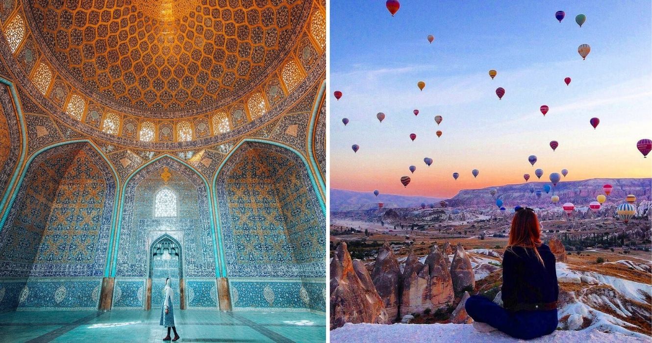 Os viajantes adoram visitar esses países estatisticamente perigosos 1 uma garota em uma mesquita no irã, uma garota observando balões de ar quente na turquia