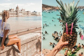 a girl sits on a wall in hungary, a pineapple drink in malta