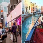 a girl takes a photo in the middle of time square in nyc, a girl rides a gondola in venice, italy