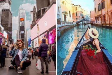 a girl takes a photo in the middle of time square in nyc, a girl rides a gondola in venice, italy