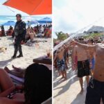 police officers patrol the beach in cancun, a guy gets sprayed at a beach party
