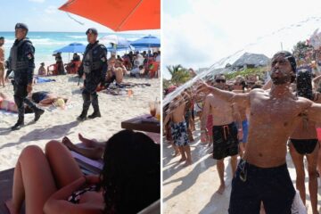 police officers patrol the beach in cancun, a guy gets sprayed at a beach party