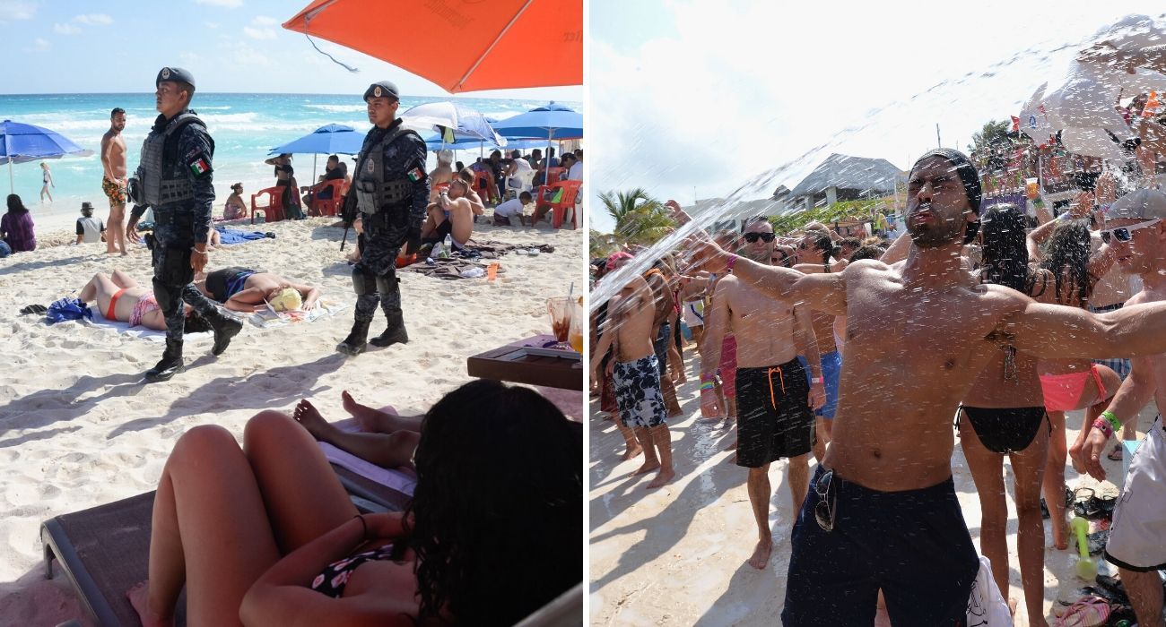 Por que Cancun não vale o seu tempo de férias suado 1 Policiais patrulham a praia em Cancun, um cara é borrifado em uma festa na praia