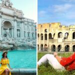 a girl sits in front of a trevi fountain in rome, relaxing on the lawn behind the colosseum in rome