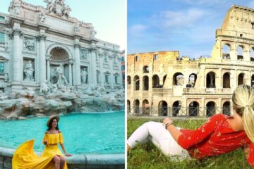 a girl sits in front of a trevi fountain in rome, relaxing on the lawn behind the colosseum in rome