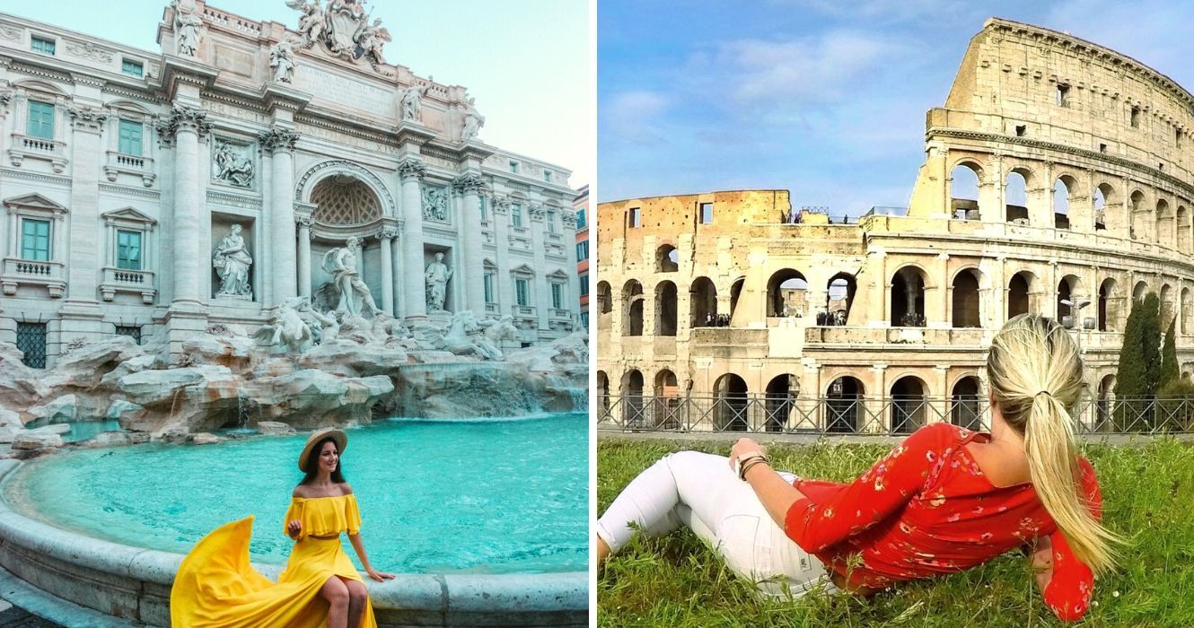 Por que Roma realmente é a cidade eterna da Itália 1 uma garota sentada em frente a uma fonte de trevi em roma, relaxando no gramado atrás do coliseu em roma