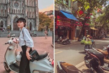 a girl sits on a scooter in an asian city, scooters line the street in vietnam