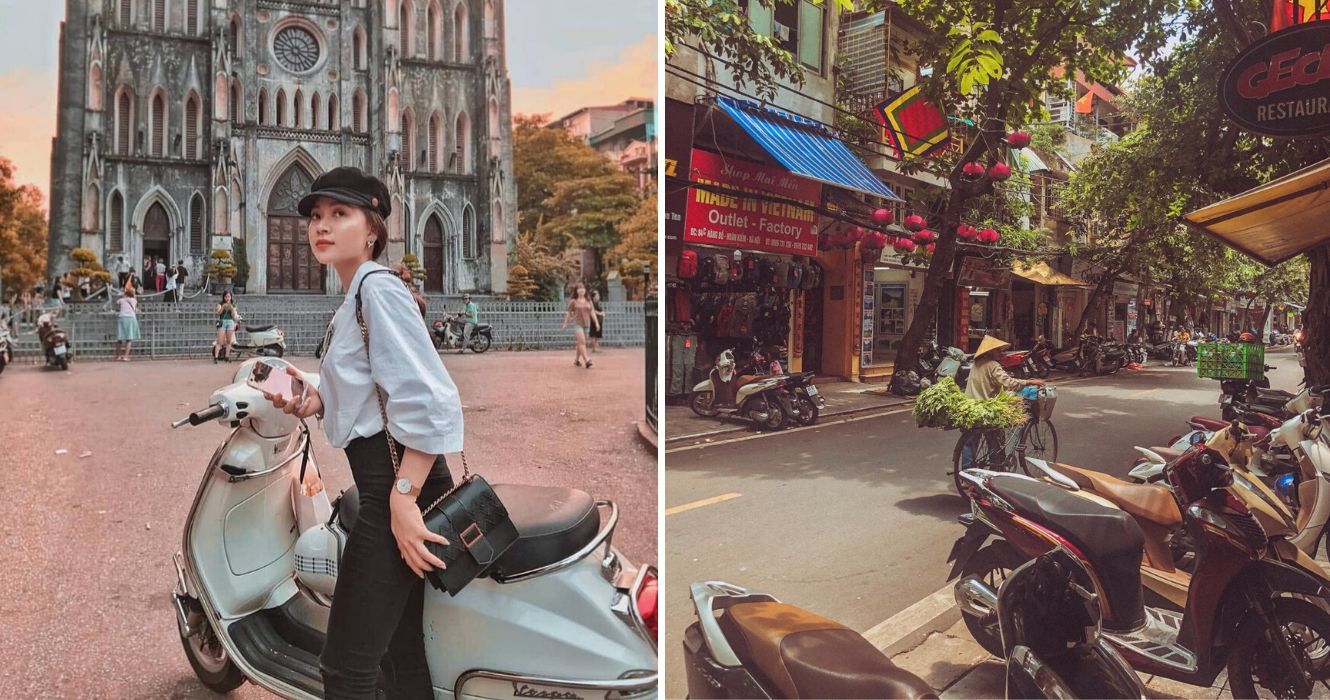 uma garota senta em uma scooter em uma cidade asiática, scooters se alinham na rua no vietnã
