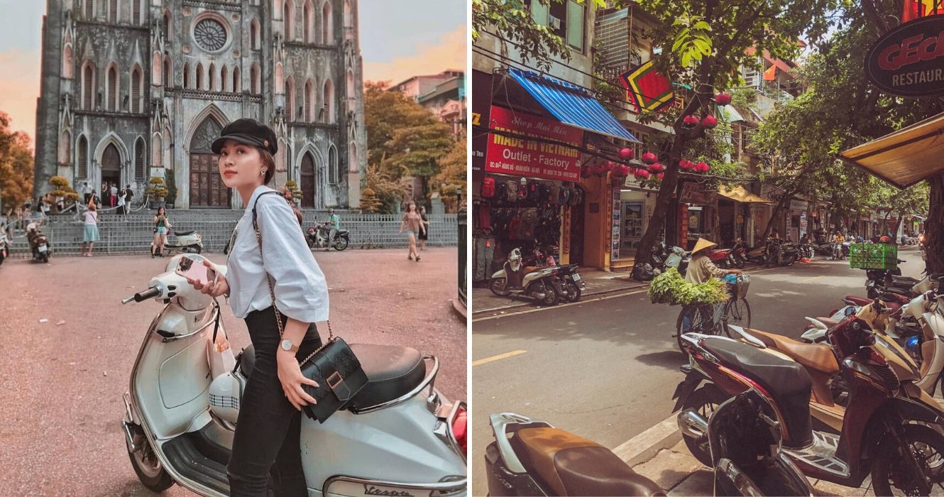 Por que andar de scooter pelo Vietnã é o melhor plano de viagem para o Sudeste Asiático 1 uma garota senta em uma scooter em uma cidade asiática, scooters se alinham na rua no vietnã