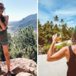 a girl goes hiking on vacation, a guy drinks a beer while vacationing on a tropical island