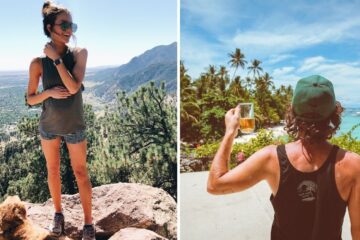 a girl goes hiking on vacation, a guy drinks a beer while vacationing on a tropical island