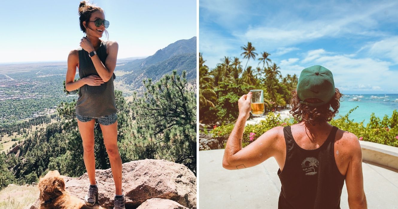 Por que é importante ter um seguro viagem 1 uma garota faz caminhadas nas férias, um cara bebe uma cerveja durante as férias em uma ilha tropical