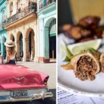 friends drive through havana in a vintage car, an authentic cuban treat, the empanada