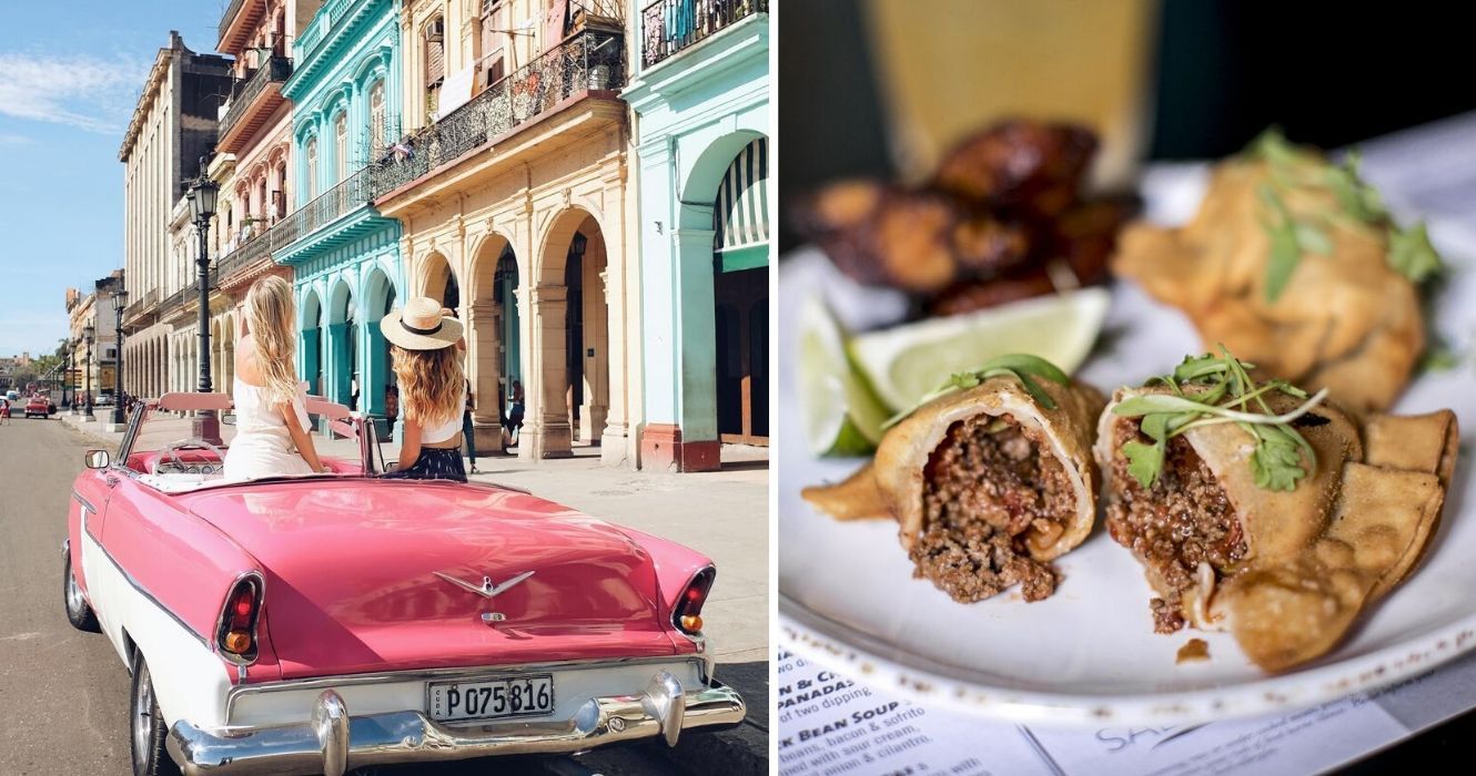 amigos dirigem por havana em um carro antigo, uma autêntica delícia cubana, a empanada
