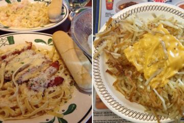 chicken alfredo from olive garden, a plate of hash browns from waffle house