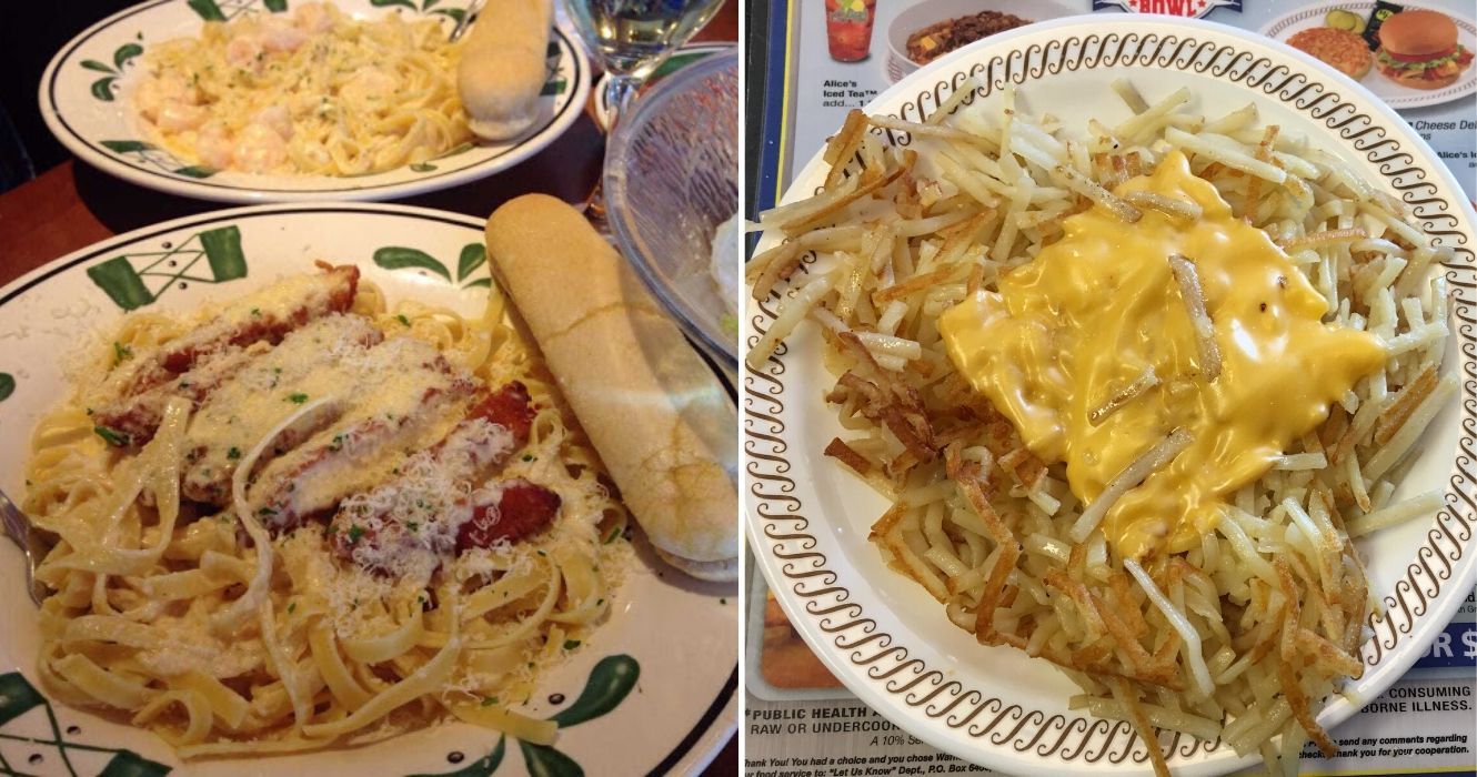 Pratos mais pedidos em restaurantes dos EUA 1 frango alfredo de olive garden, um prato de batatas fritas de waffle house