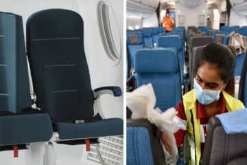an employee cleans a plane, the interspace lite plane seat
