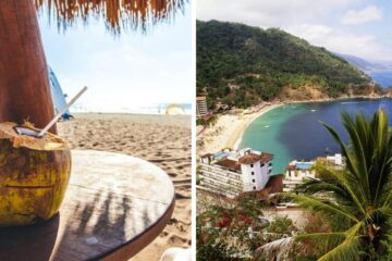 a coconut drink on the beach in vallarta, an aerial view of the vallarta coast