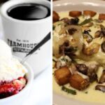 a berry fruit cobbler and coffee, an omelet with gravy and homefries