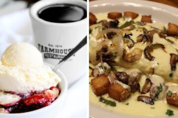 a berry fruit cobbler and coffee, an omelet with gravy and homefries