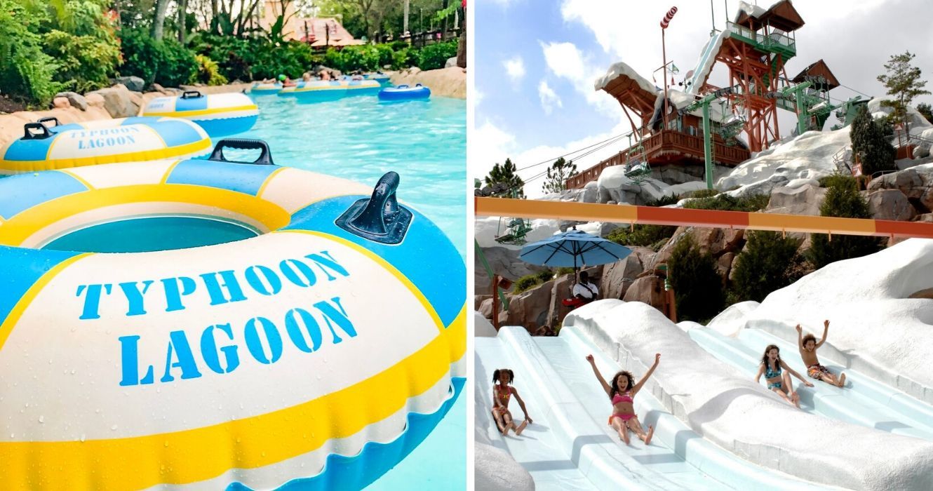 Qual parque aquático da Disney seus filhos vão amar mais? Typhoon Lagoon ou Blizzard Beach? 1 o rio flutuante na lagoa do tufão, o toboágua na praia de nevasca