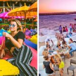 some friends enjoy drinks at la plancha bar in bali, the shimmy beach club oceanside bar is poppin