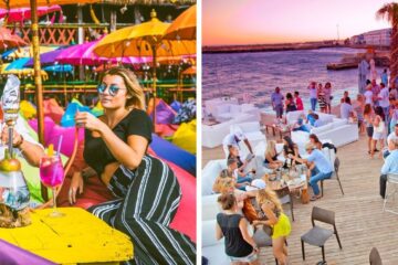 some friends enjoy drinks at la plancha bar in bali, the shimmy beach club oceanside bar is poppin