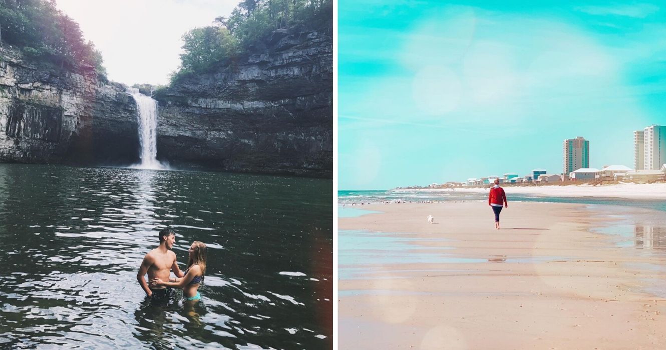 Redescobrindo o Alabama: por que esse estado deveria estar na sua lista de desejos 1 um casal na cachoeira desosto, uma mulher caminha na praia no alabama