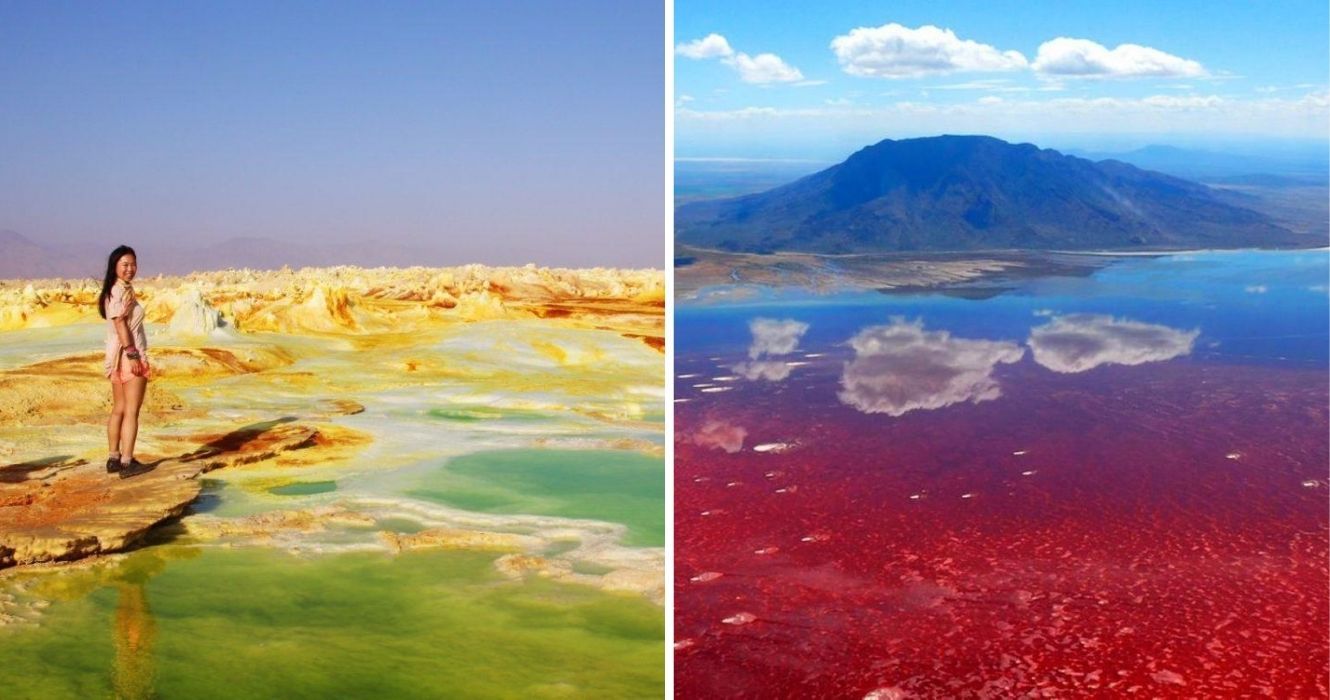 Riscos ambientais: destinos mais perigosos em 2020 1 uma garota no deserto de danakil, na beira do lago natron