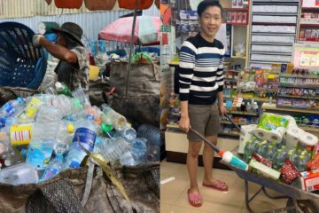 recycling single-use plastic becomes mandatory in thailand, a man gets creative and uses a wheelbarrow for shopping trips