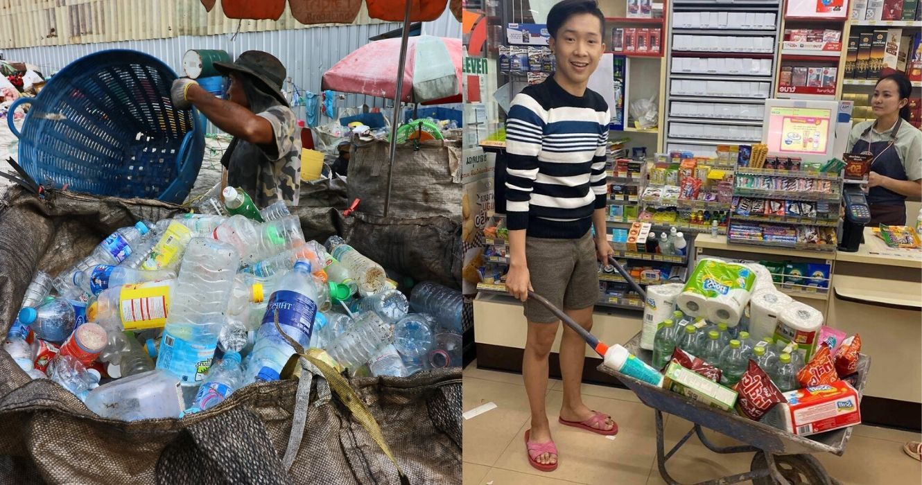 reciclagem de plástico de uso único torna-se obrigatória na tailândia, homem usa a criatividade e usa carrinho de mão para fazer compras